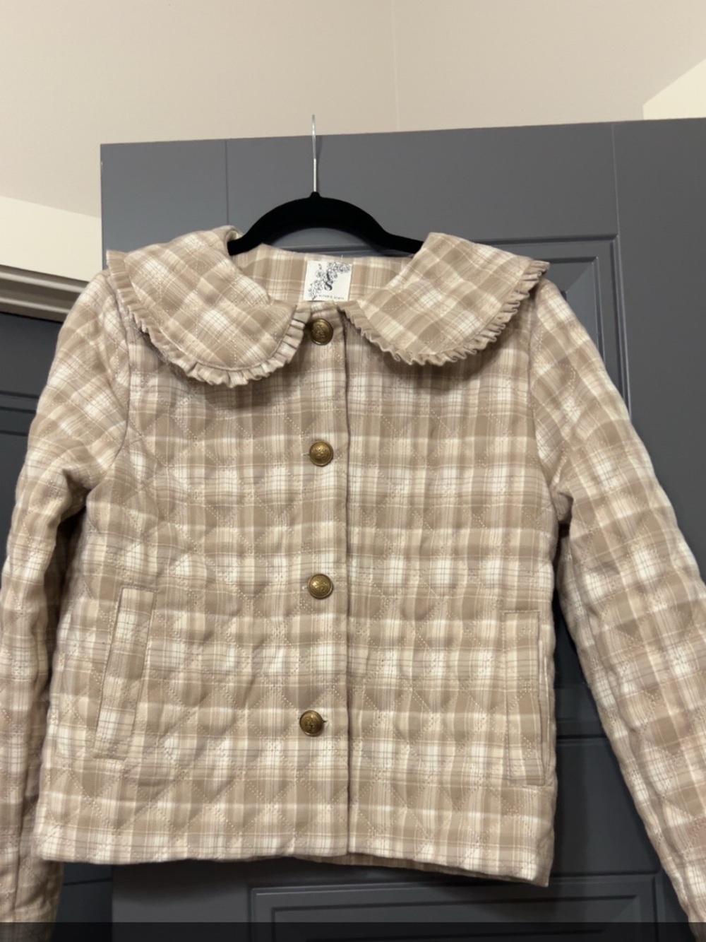Altar'd State Beige Plaid Quilted Jacket with Scalloped Collar